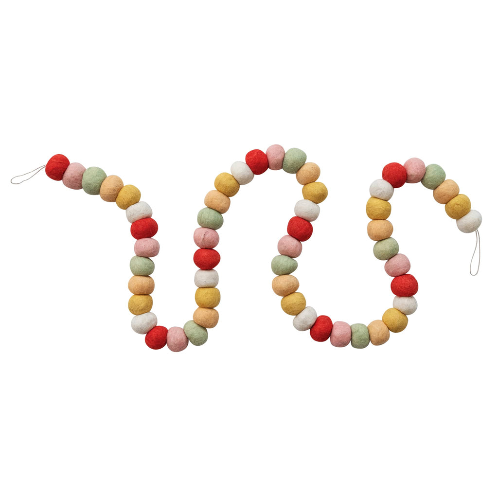 Decorative garland with alternating colorful wool felt balls and hanging loops at both ends, on a white background.