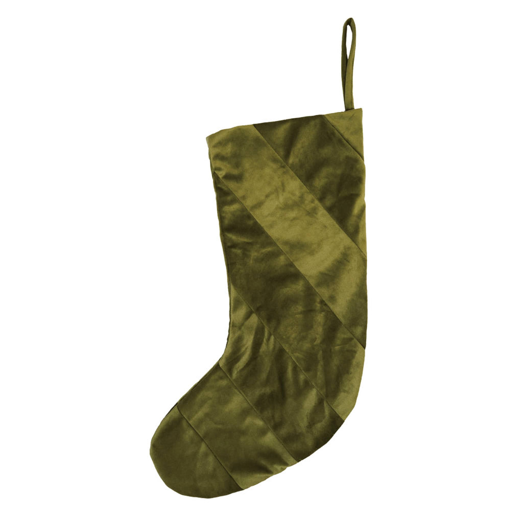 Green striped velvet Christmas stocking on a white background.