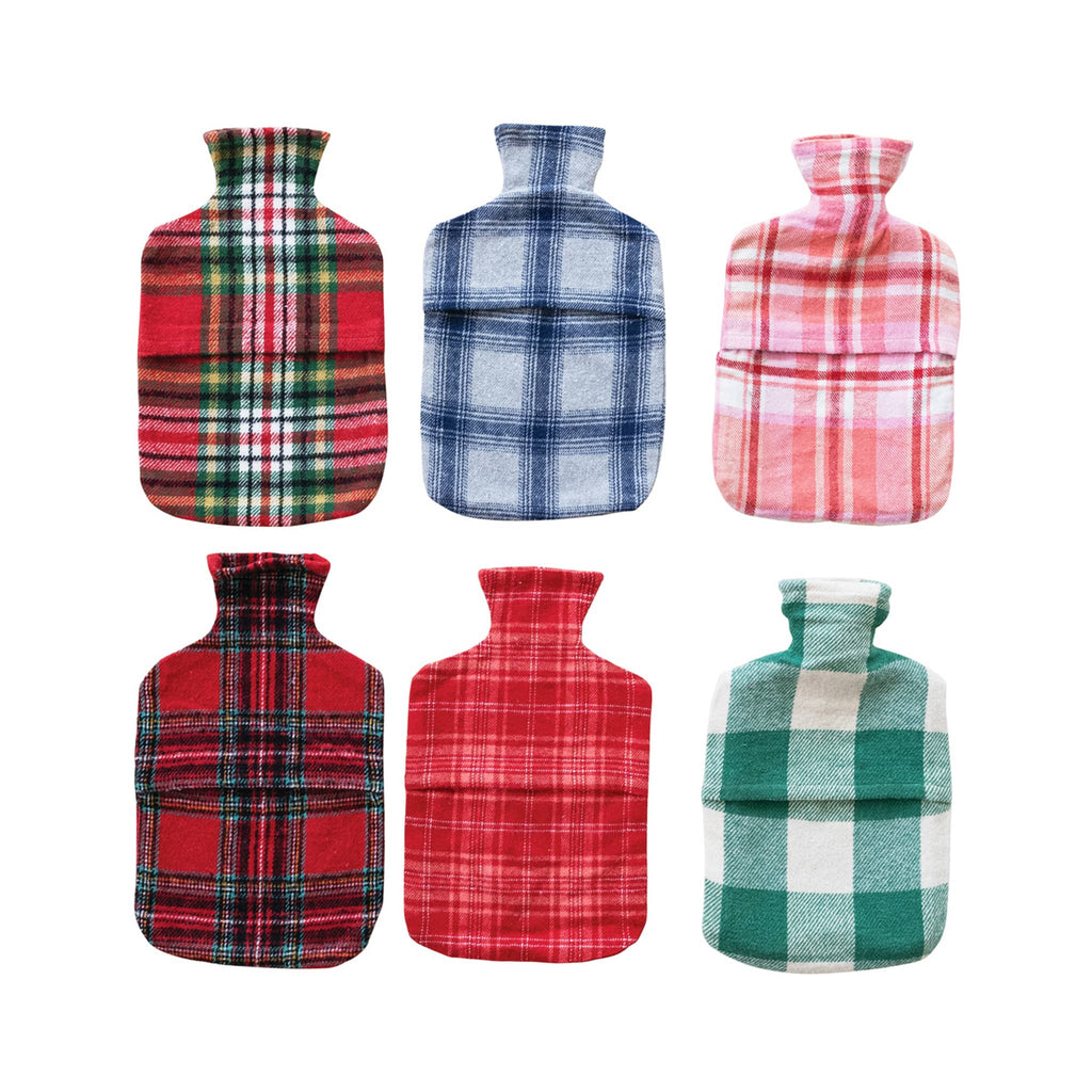 Six flannel plaid hot water bottles in different colors, on a white background.