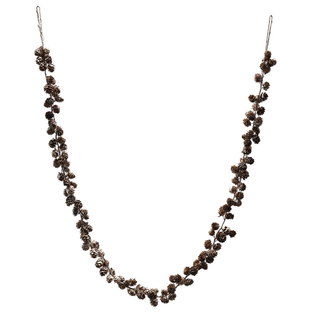 Pinecone garland with glitter and hanging loops at each end, full length on a white background.