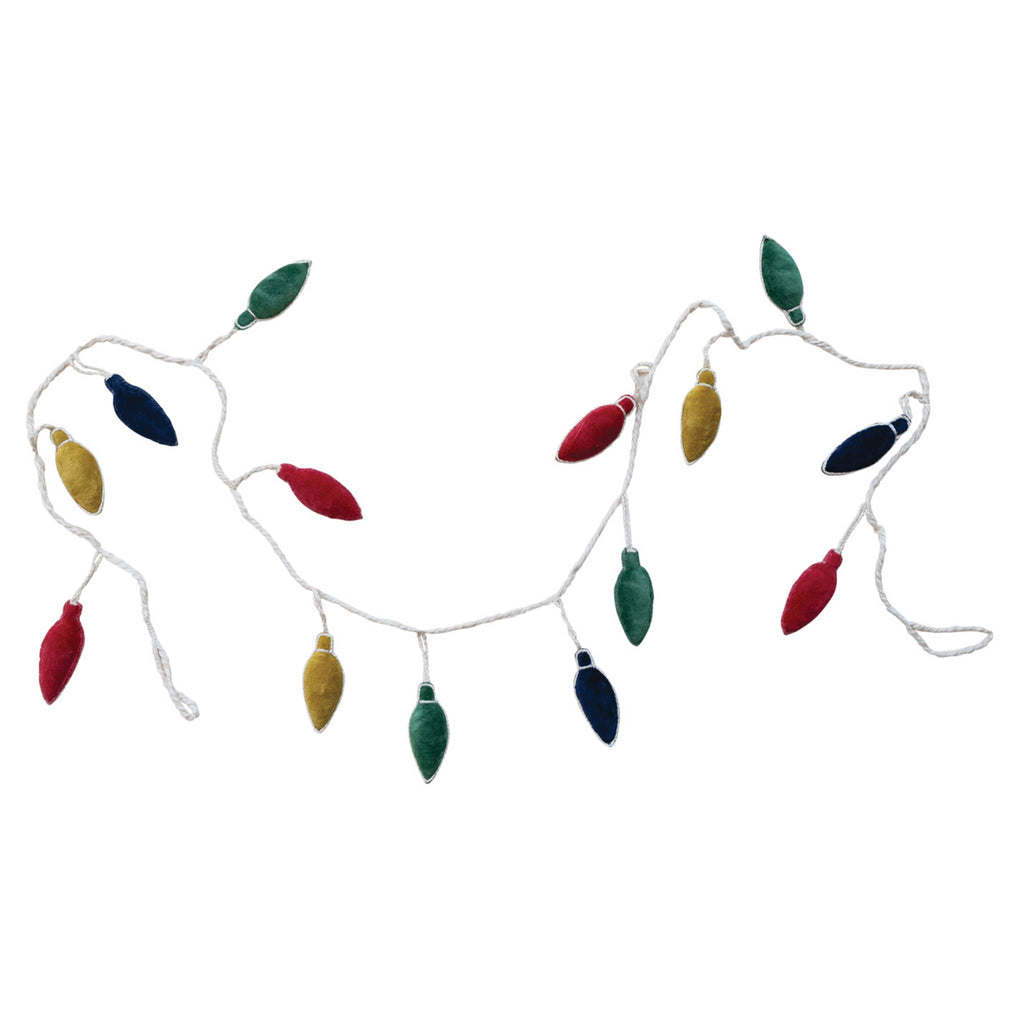 Decorative garland with colorful velvet Christmas light bulb shapes and hanging loops at both ends, on a white background.