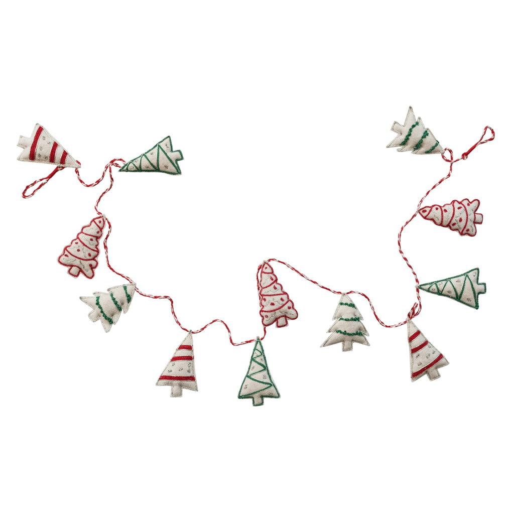 Decorative garland with Christmas tree-shaped ornaments on a white background.