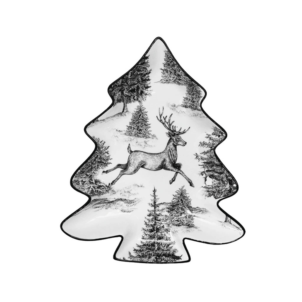 Decorative plate shaped like a tree with a deer and forest design on a white background.
