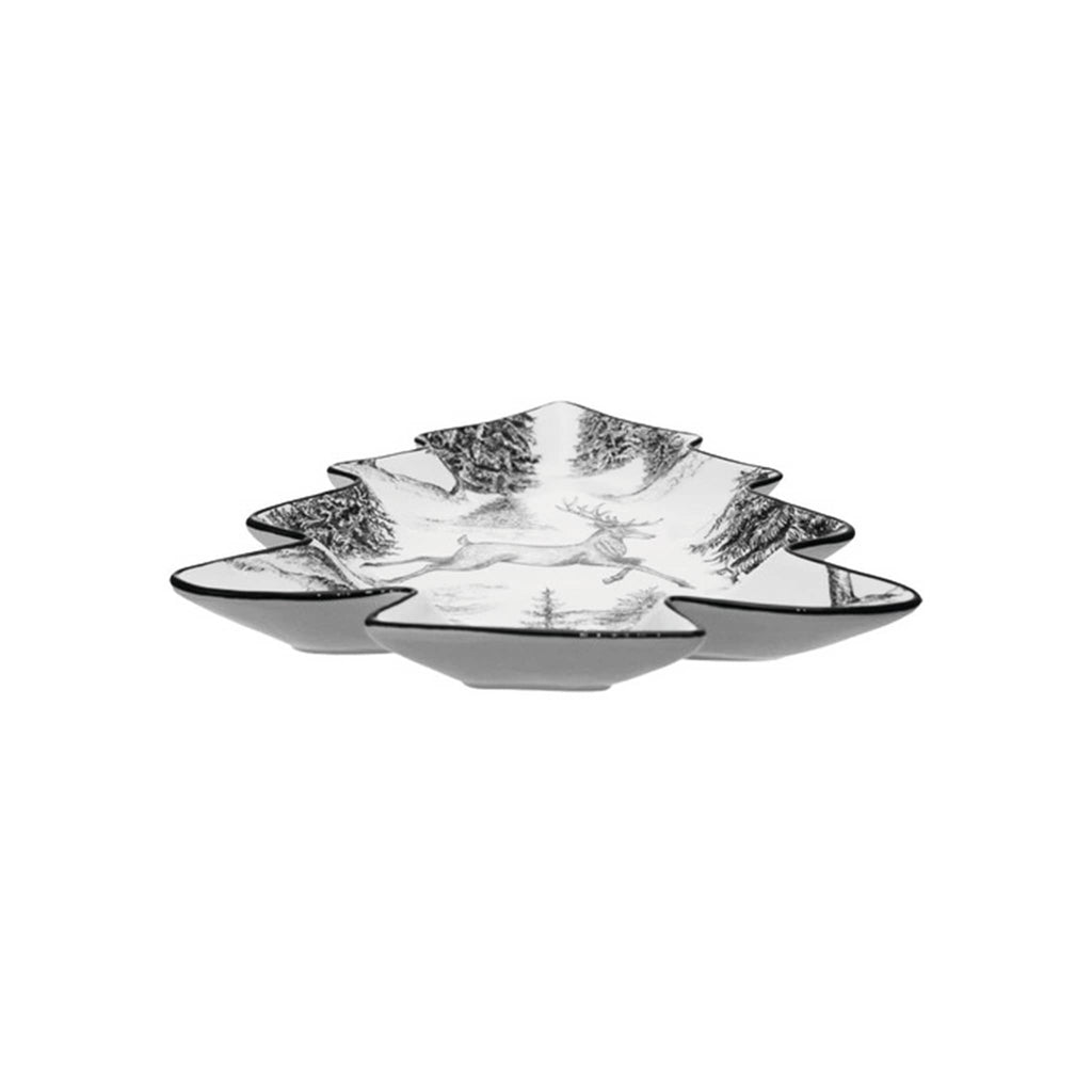 Decorative plate shaped like a tree with a deer and forest design, side view, on a white background.