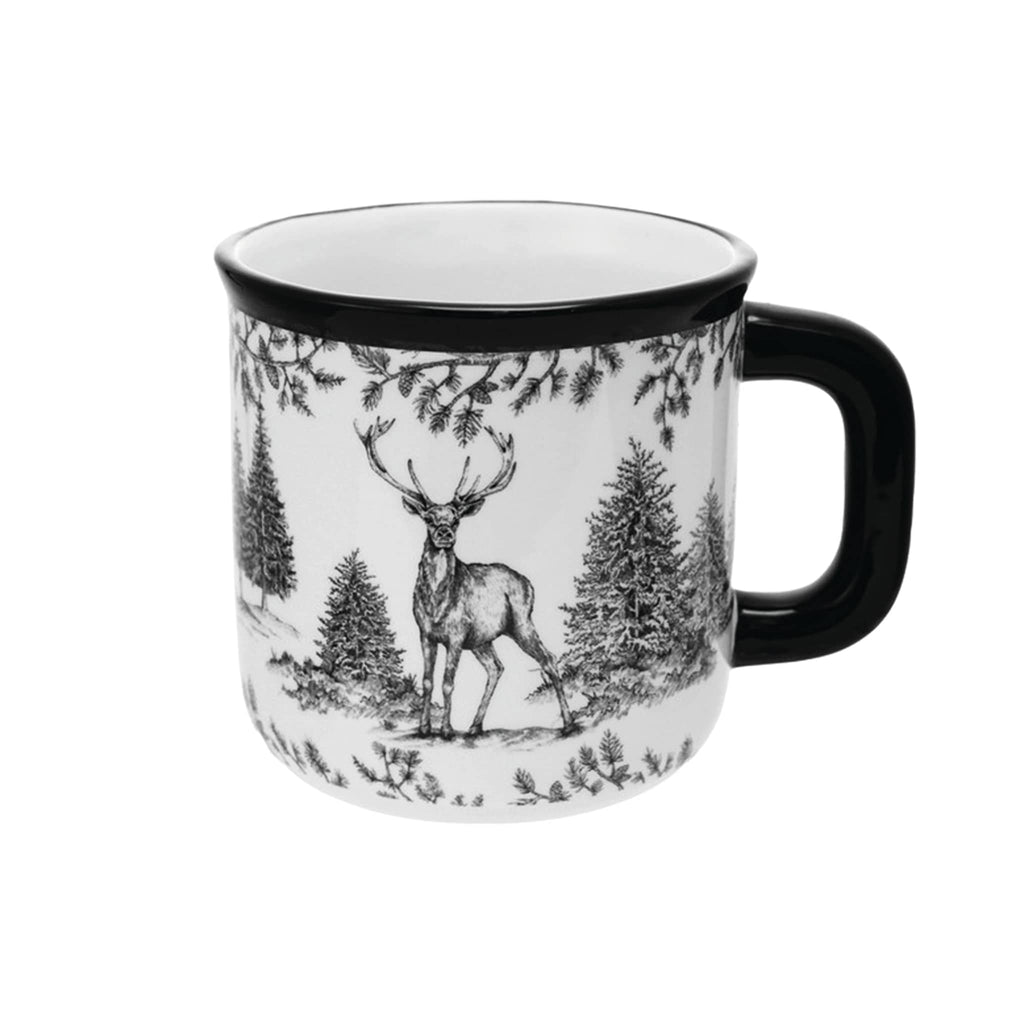 Mug with a deer and forest design and dark brown rim and handle, on a white background.