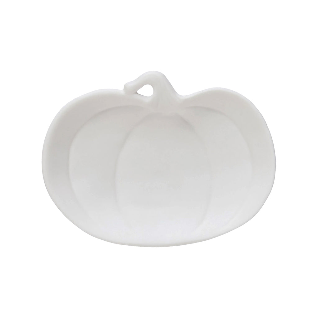 Creative Co-op White Stoneware Pumpkin Shaped Dish, overhead view.