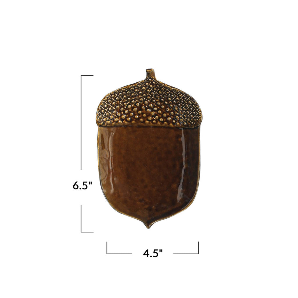 Creative Co-op Small Stoneware Acorn Shaped Plate with brown reactive glaze, front view. with measurements.