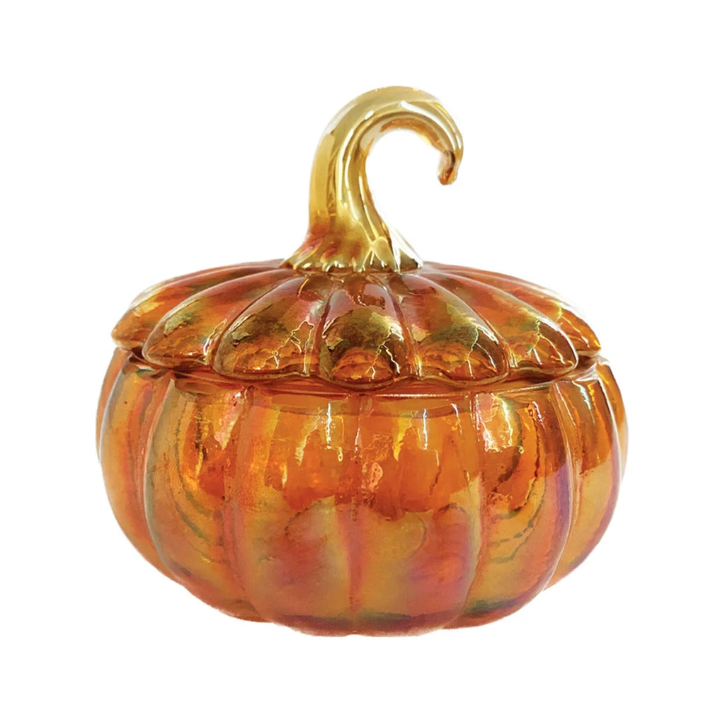 Creative Co-op Recycled Glass Pumpkin-Shaped jar with iridescent finish and lid with gold tone stem handle.