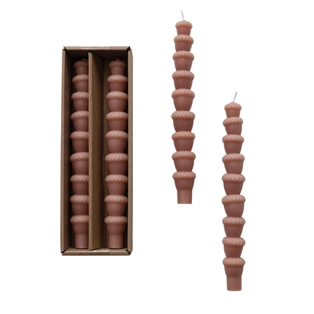 Creative Co-op Acorn Shaped brown taper candles, set of two with box packaging.