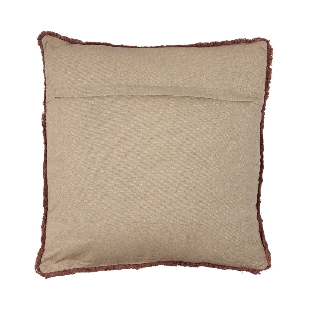 Creative Co-op square stonewashed faded rust cotton velvet pillow with rust color embroidered design, back view showing solid chambray color and zipper.