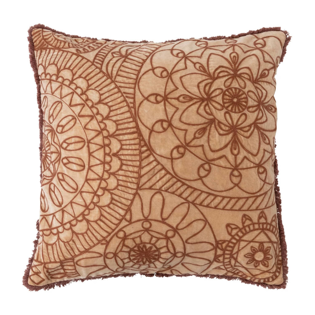 Creative Co-op square stonewashed faded rust cotton velvet pillow with rust color embroidered design, front view.