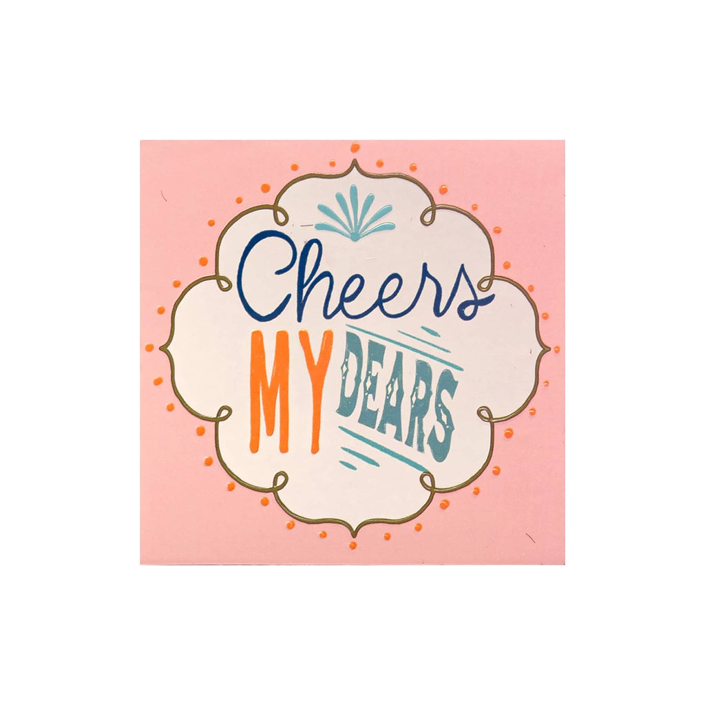 Creative Co-op pink box of wood safety matches with "Cheers My Dears" on the front.