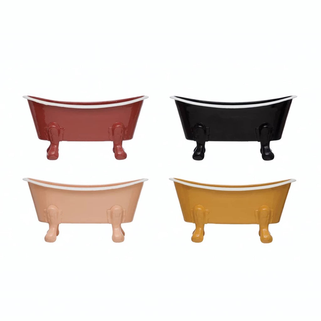 Creative Co-op metal enamel vintage style bathtub soap dish in red, black, goldenrod and dusty pink with white rim.