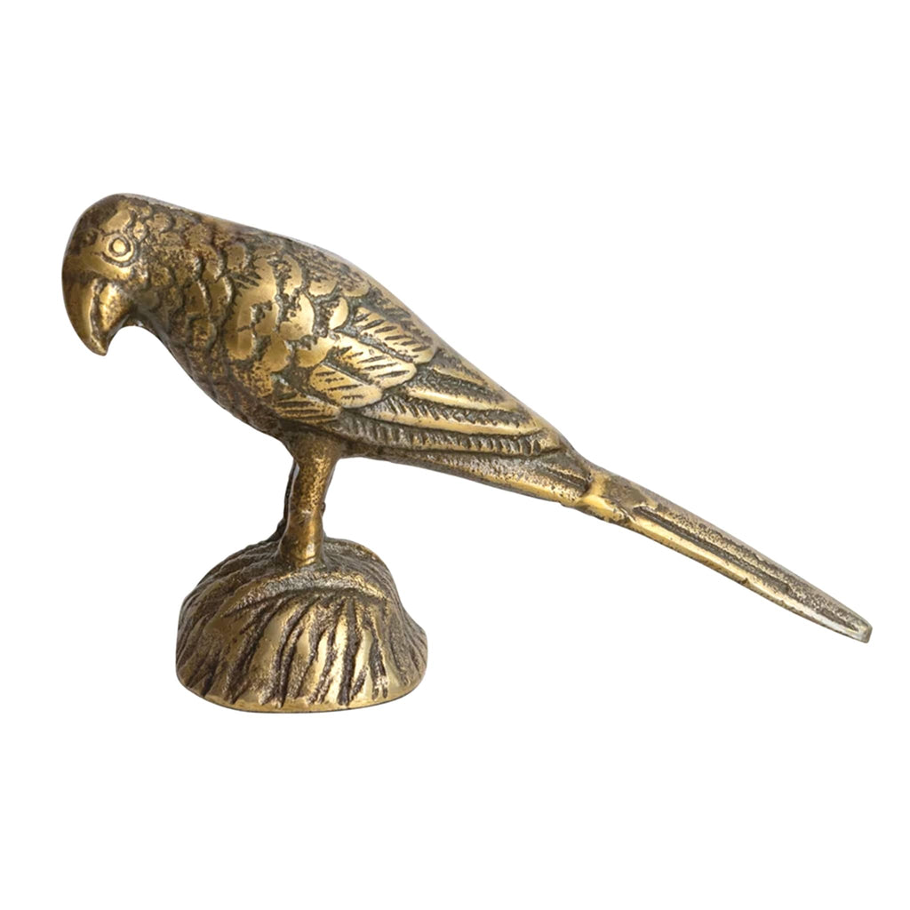 Creative Co-op cast aluminum bird with antique gold finish, side view.