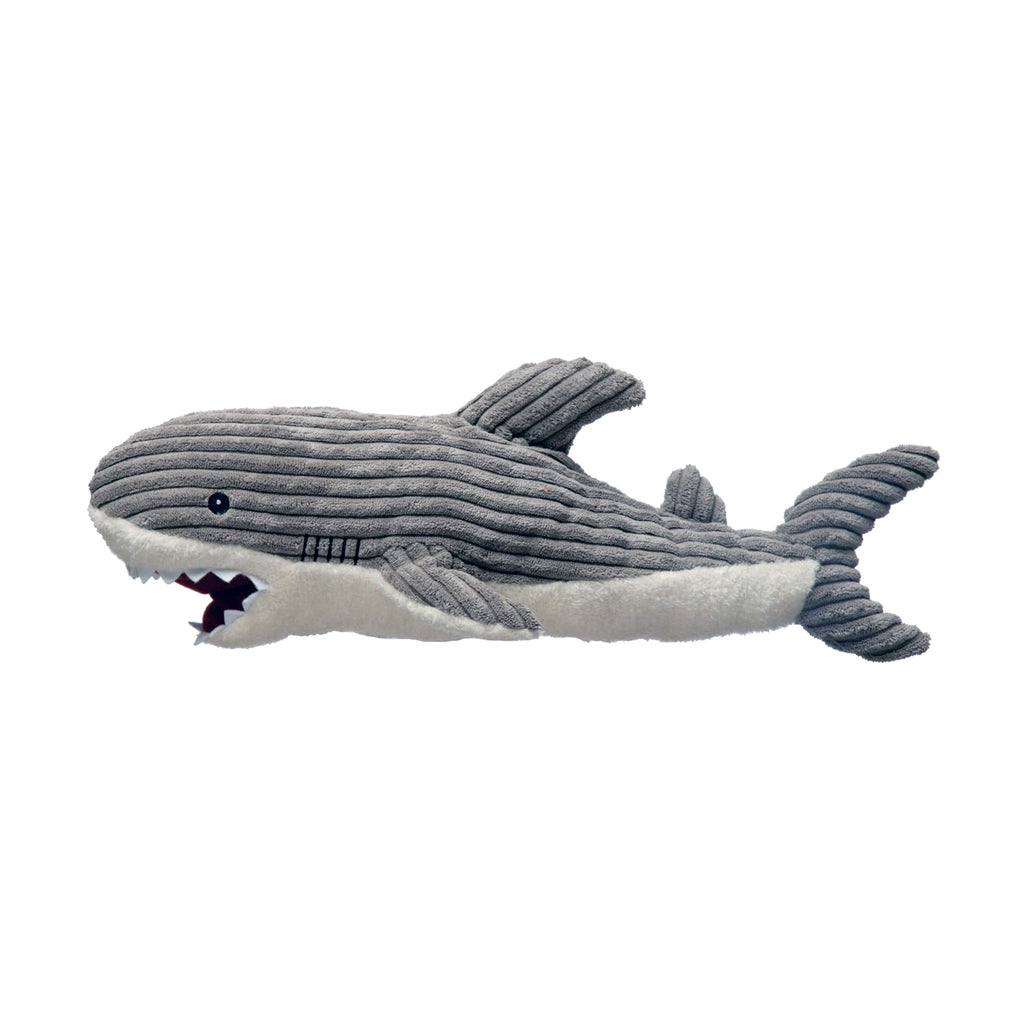 Creative Co-op Shark gray corduroy plush toy with soft white belly, white felt teeth and sewn on eyes, side view.