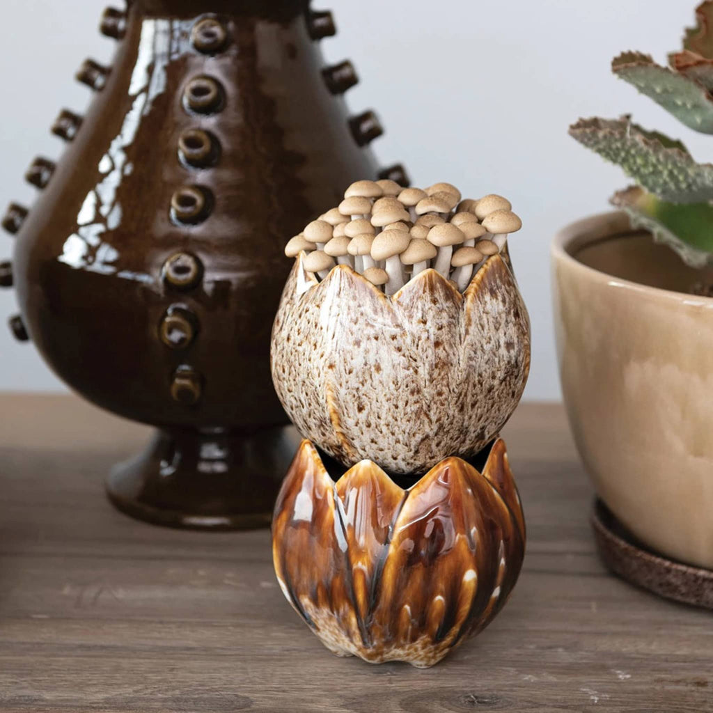 Creative Co-op Stoneware Round Flower-Shaped Planter in 2 styles, stacked on a wood surface, the lighter planter on top is filled with mushrooms.