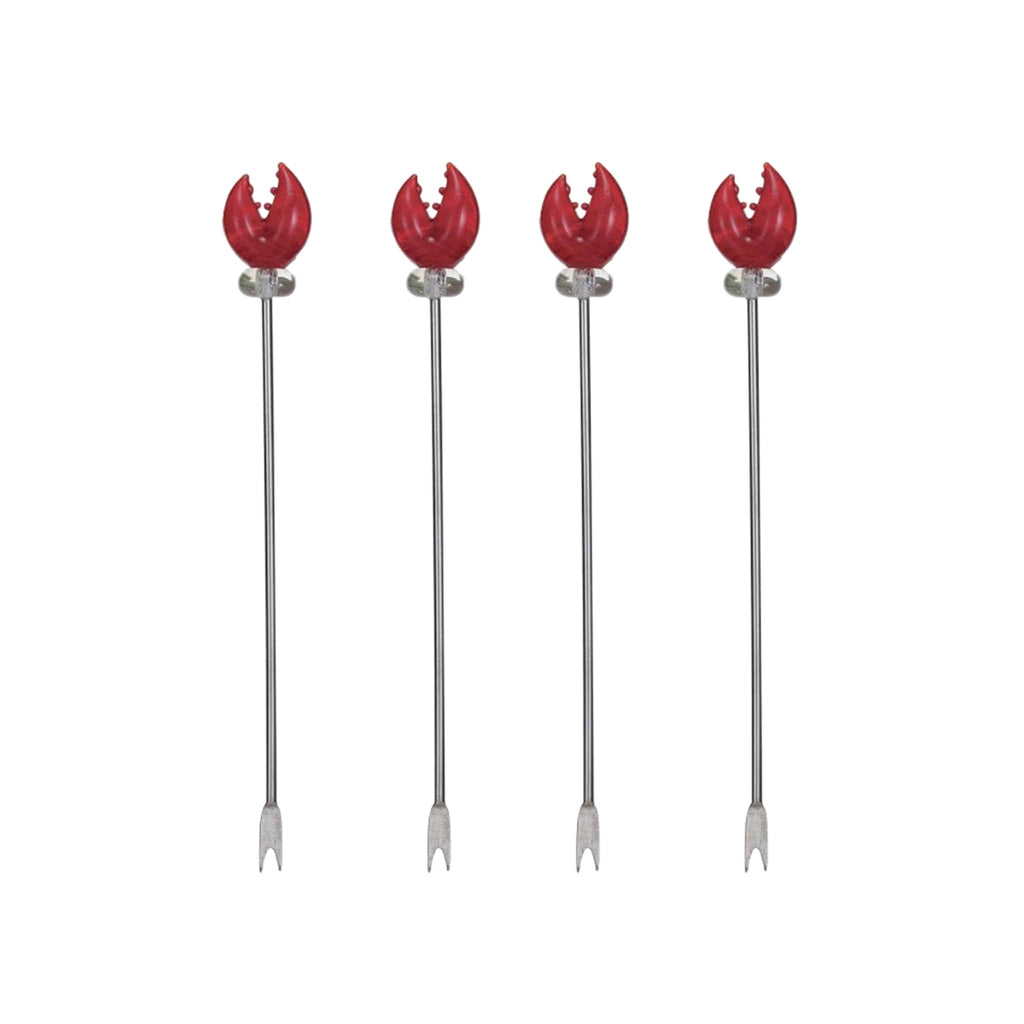 Creative Co-op Stainless Steel picks with red blown-glass lobster claw shaped handle, set of 4 lined up.