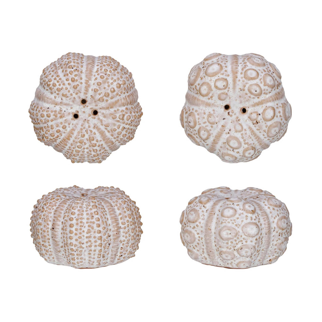 Creative Co-Op Stoneware Sea Urchin salt and pepper shakers, set of two with white reactive glaze. Both are shown overhead and side views.