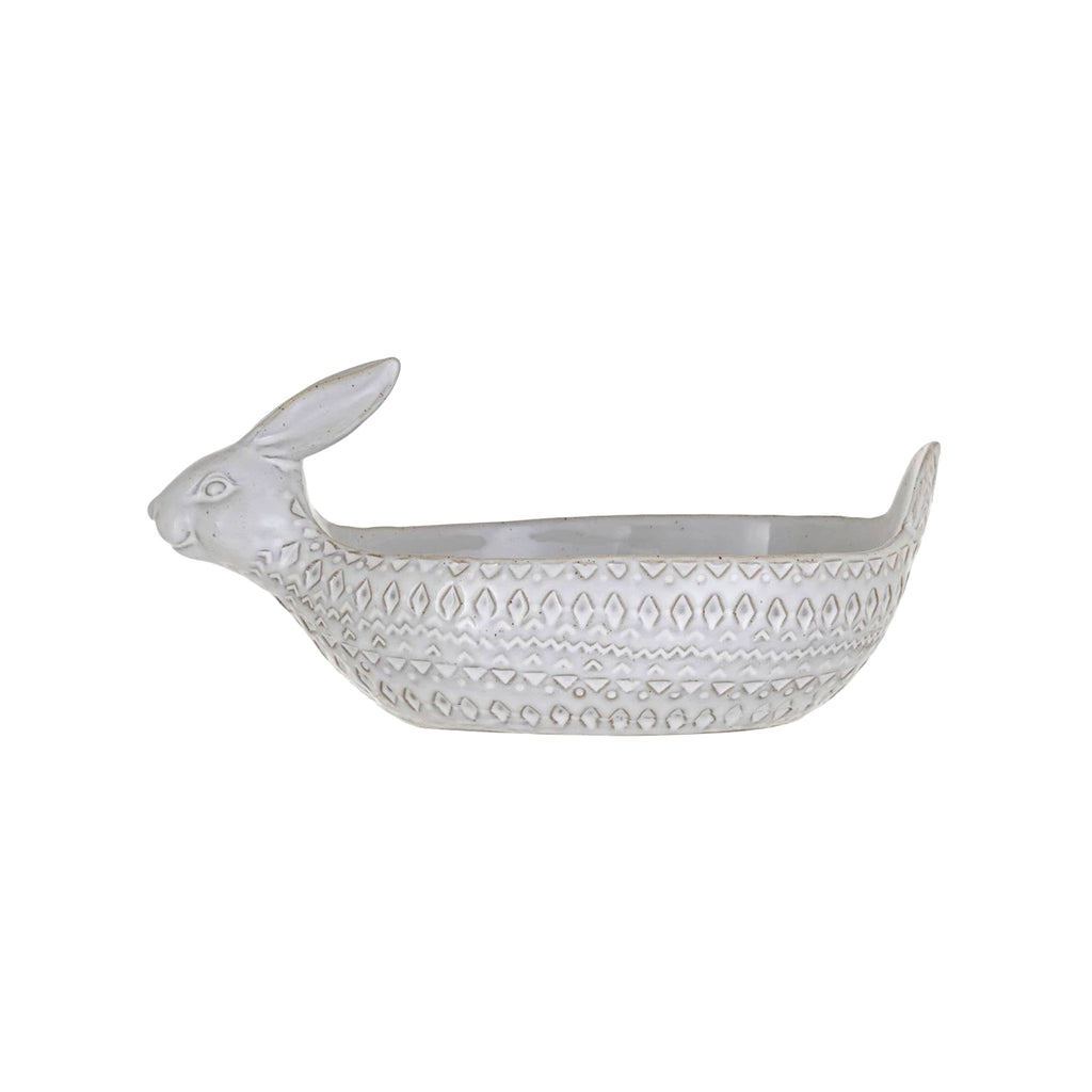 Creative Co-op Debossed Stoneware Rabbit Serving Bowl with white reactive glaze, side view.