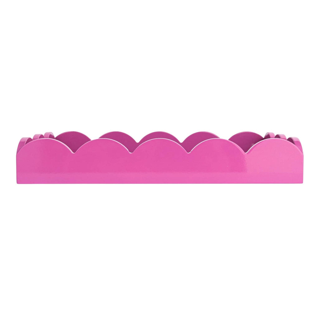 Creative Co-op MDF fuchsia lacquered rectangular scalloped serving tray, front view.