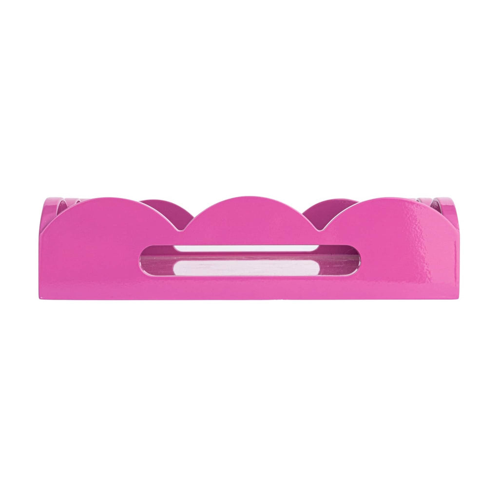 Creative Co-op MDF fuchsia lacquered rectangular scalloped serving tray, side view showing built in handle.