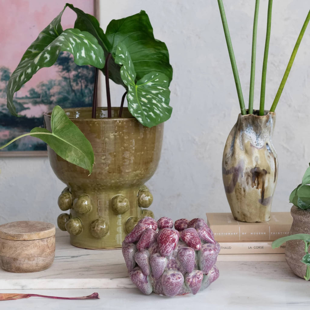 Creative Co-op Stoneware Strawberry Planter Vase, front view, in lifestyle setting.