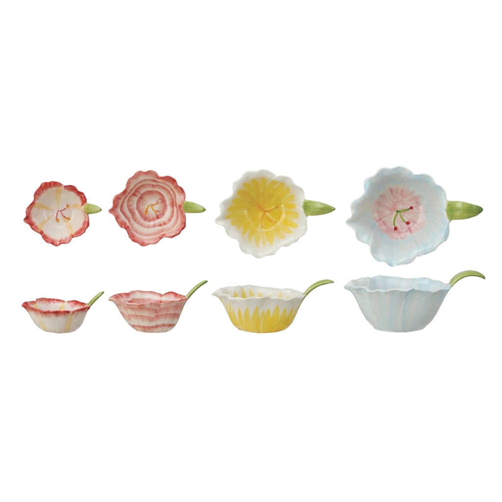 Creative Co-op Hand Painted Stoneware Flower Shaped Prep Bowls, set of 4 shown individually side and overhead views.