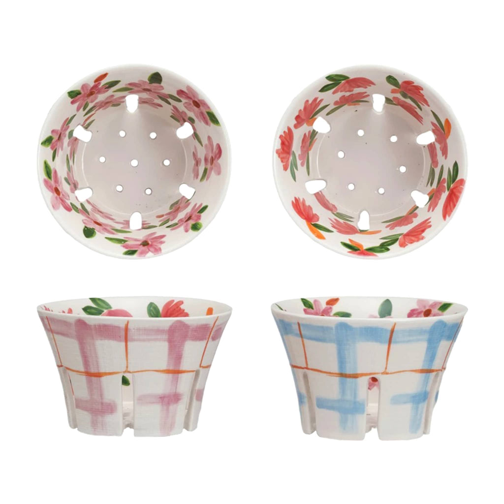 Creative Co-op hand-painted stoneware berry bowl with pink or blue plaid pattern on the outside and pink or red floral pattern on the inside, side and overhead view of both.