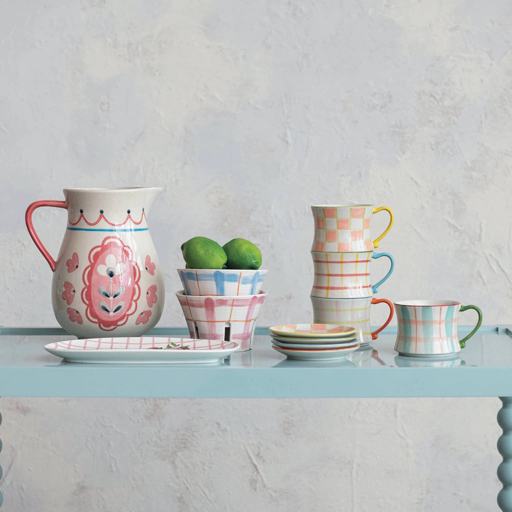 Creative Co-op Hand-Painted Floral Stoneware Pitcher with matching mugs, plates and berry bowls.