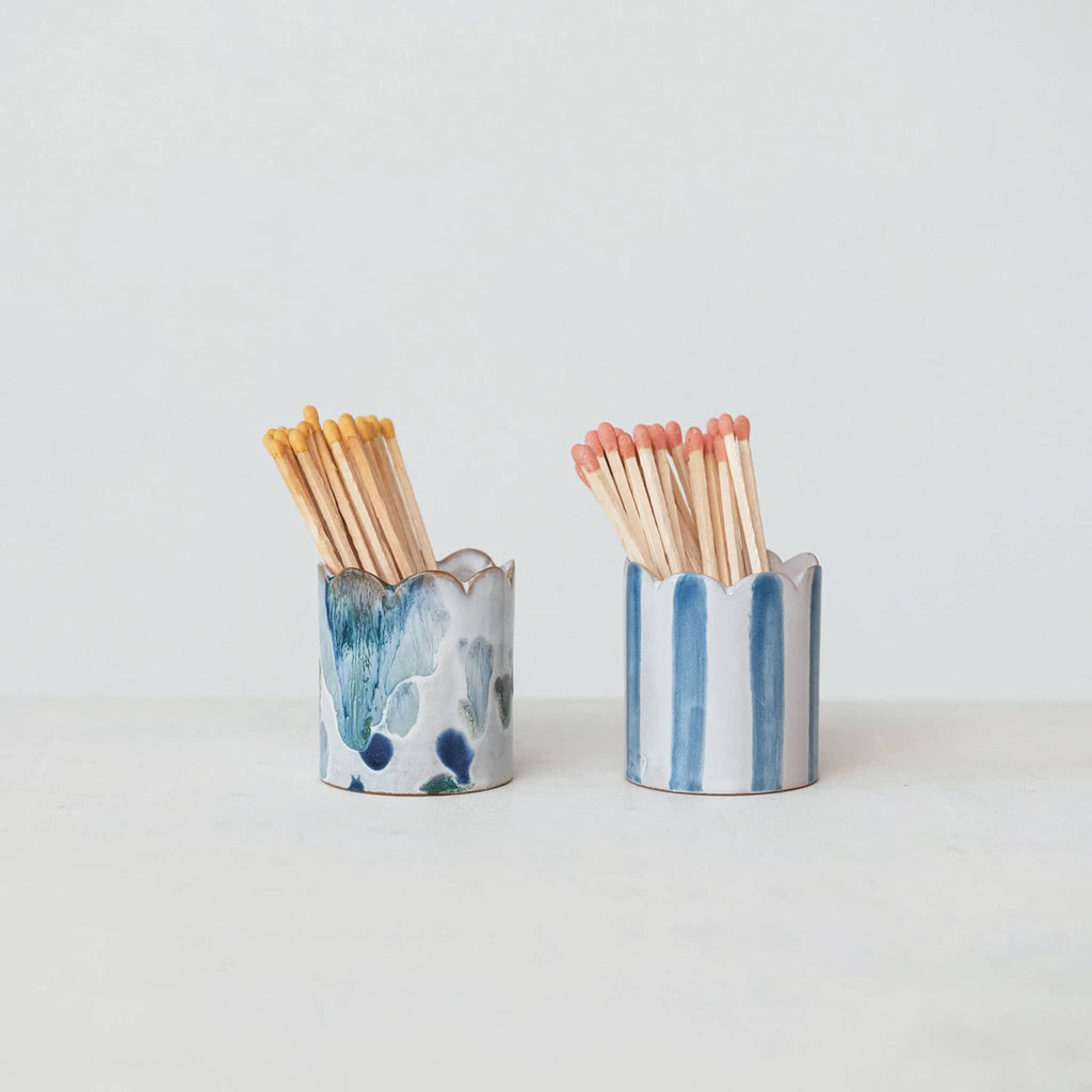 Creative Co-op Scalloped Rim Stoneware Matchstick Holder in 2 styles, front view, with matches.