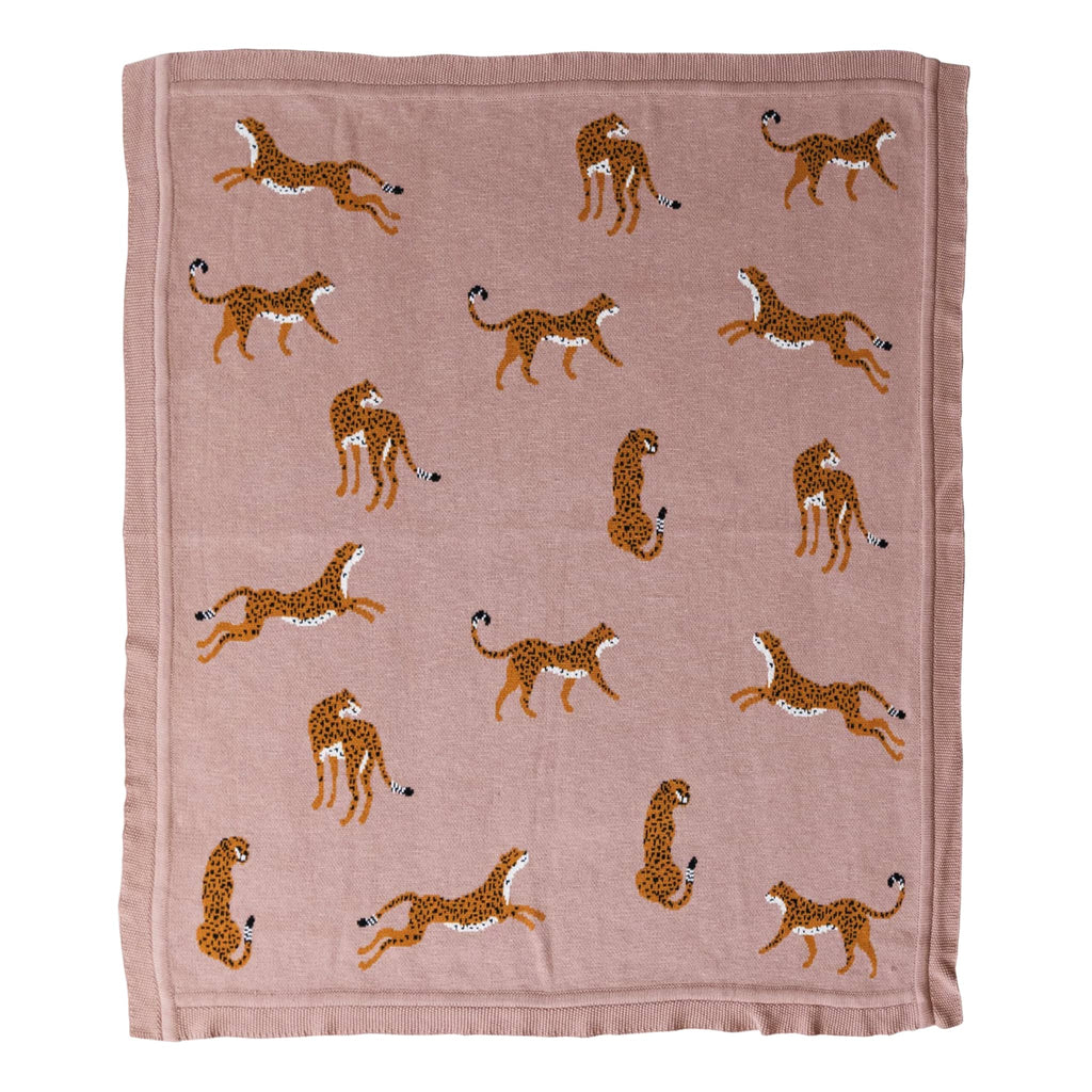 Creative Co-op Cheetah Cotton Knit Baby Blanket, shown flat.