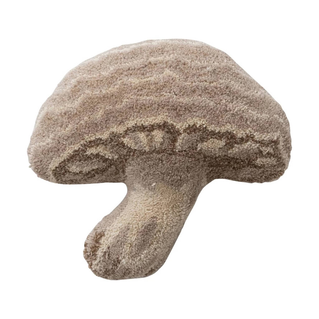 Wool tufted mushroom-shaped throw pillow in shades of brown, front view, on a white background.