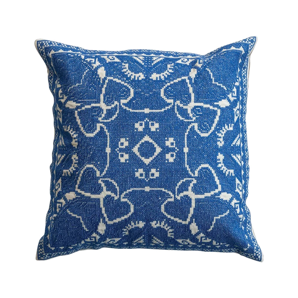 Creative Co-op blue and white square cotton throw pillow with embroidery, front view.