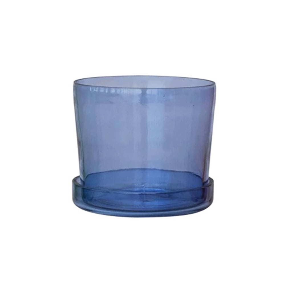 Blue glass planter with matching saucer on a white background.