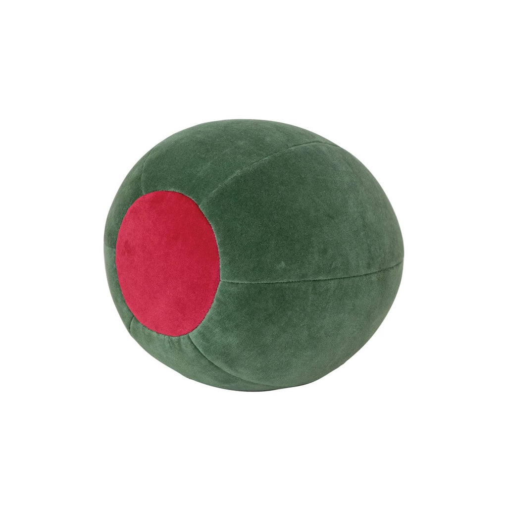 Green olive shaped cotton velvet pillow with red center, front angle.