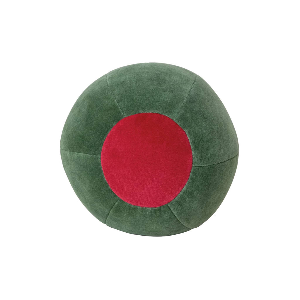 Green olive shaped cotton velvet pillow with red center, front view.
