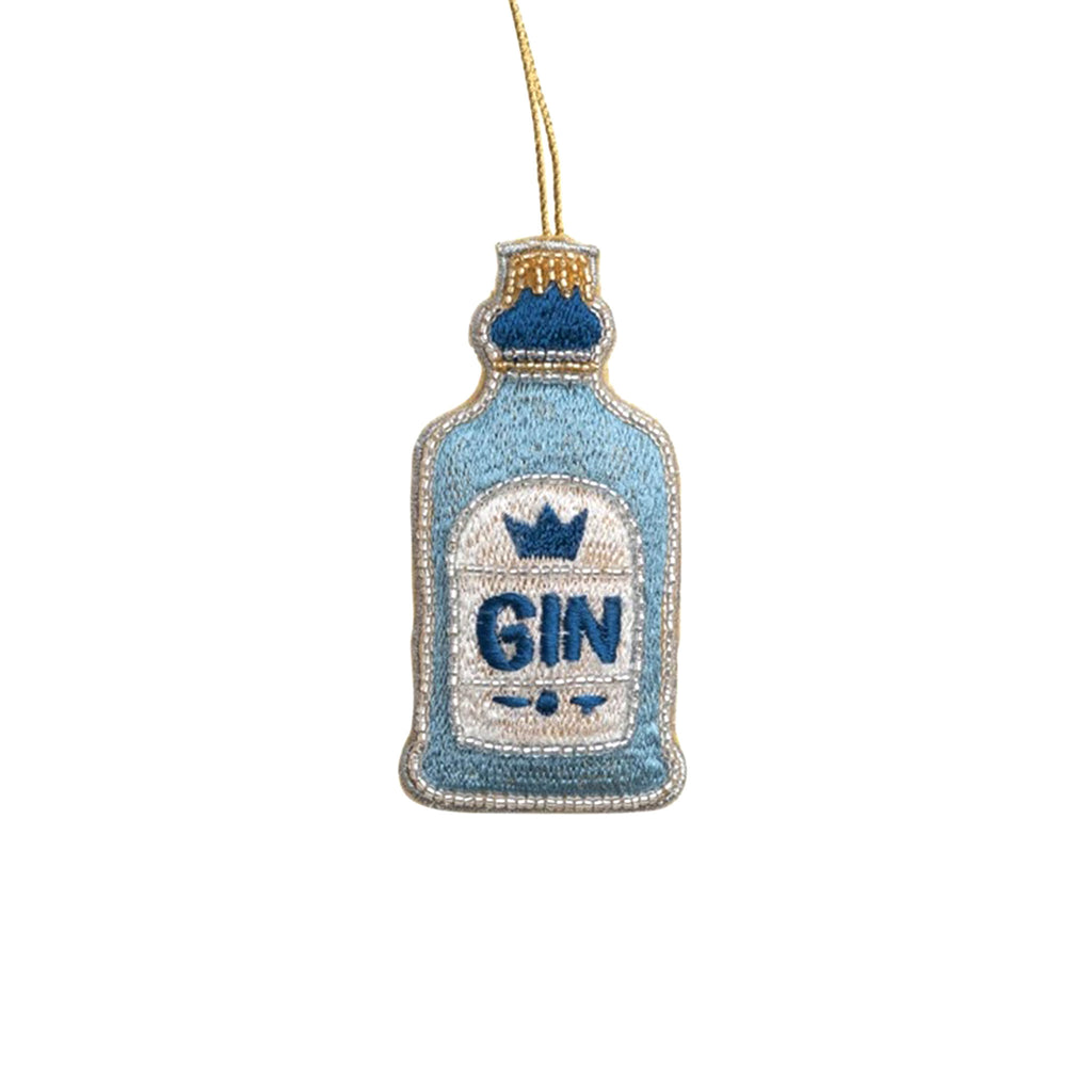 Creative Co-op blue fabric gin bottle holiday tree ornament with embroidery and beading detail.