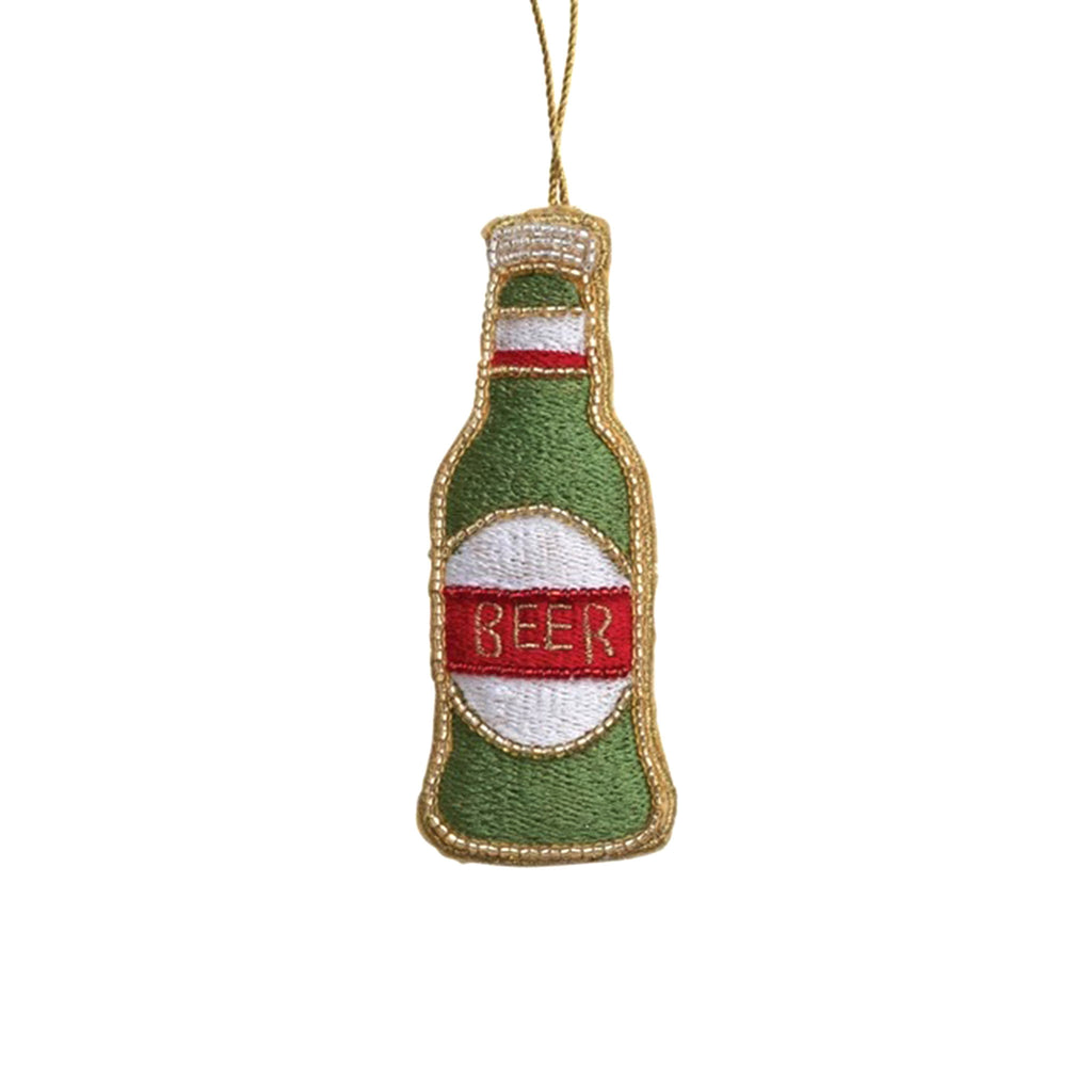 Creative Co-op green fabric beer bottle holiday tree ornament with embroidery and beading detail.