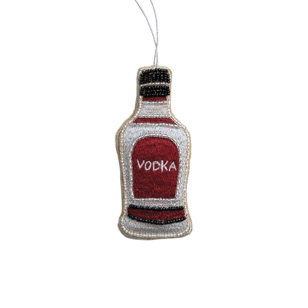 Creative Co-op gray fabric vodka bottle holiday tree ornament with embroidery and beading detail.