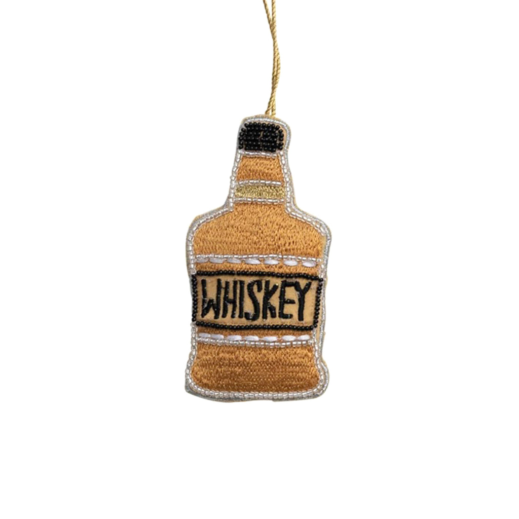 Creative Co-op tan fabric whiskey bottle holiday tree ornament with embroidery and beading detail.