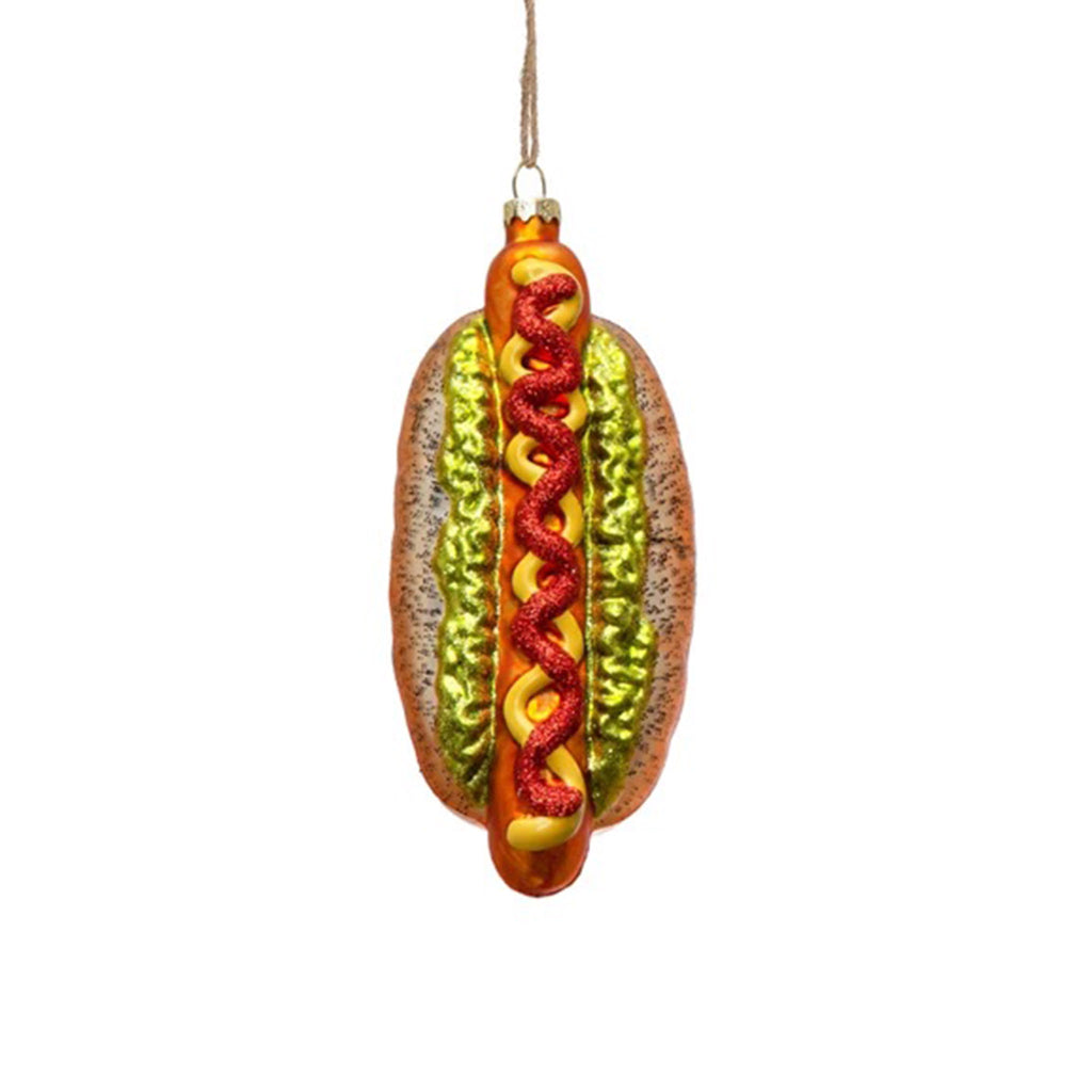 Creative Co-op hand painted glass holiday tree ornament with glittery ketchup, mustard and relish.