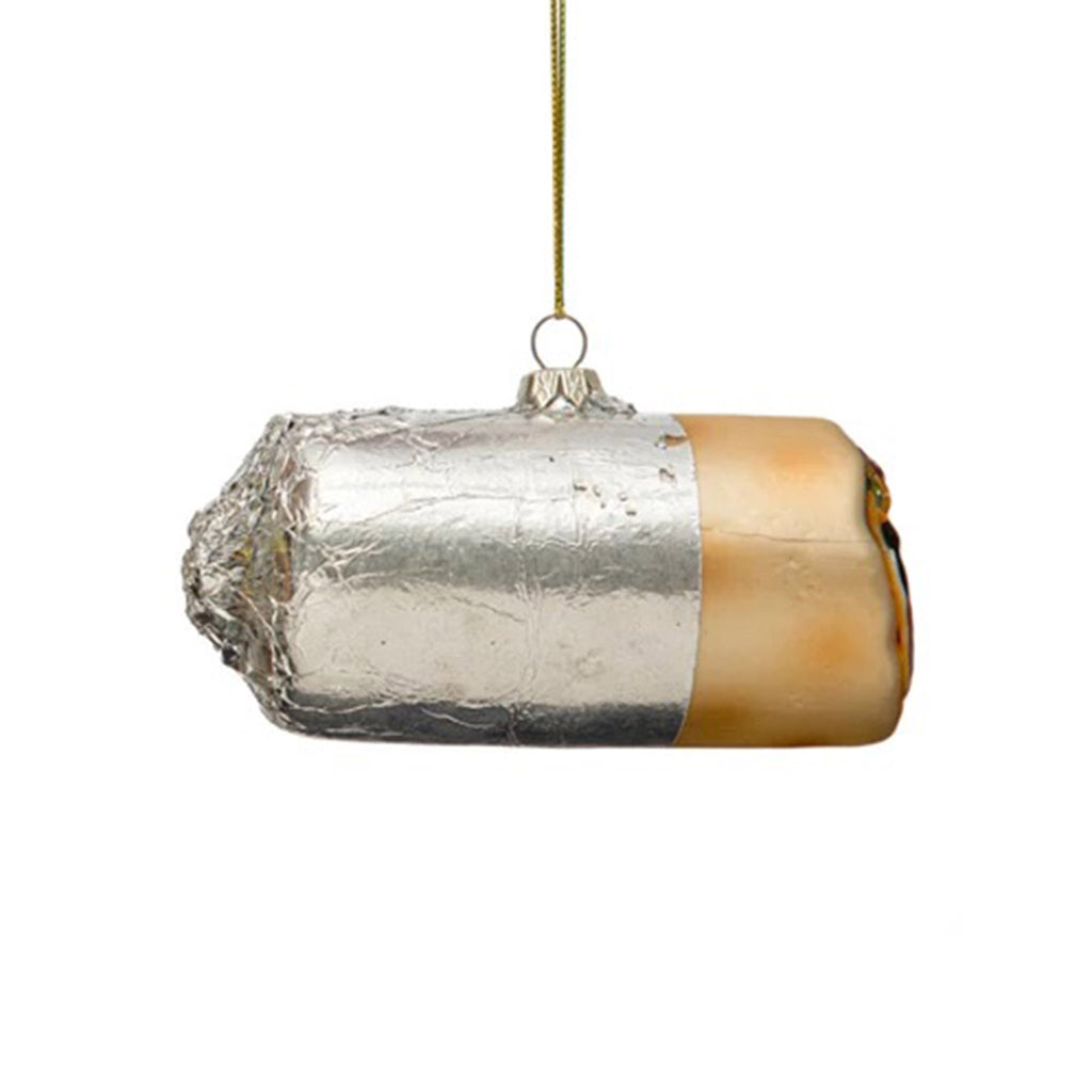 Creative Co-op hand painted glass holiday tree ornament that looks like a burrito with fillings and silver foil wrap.