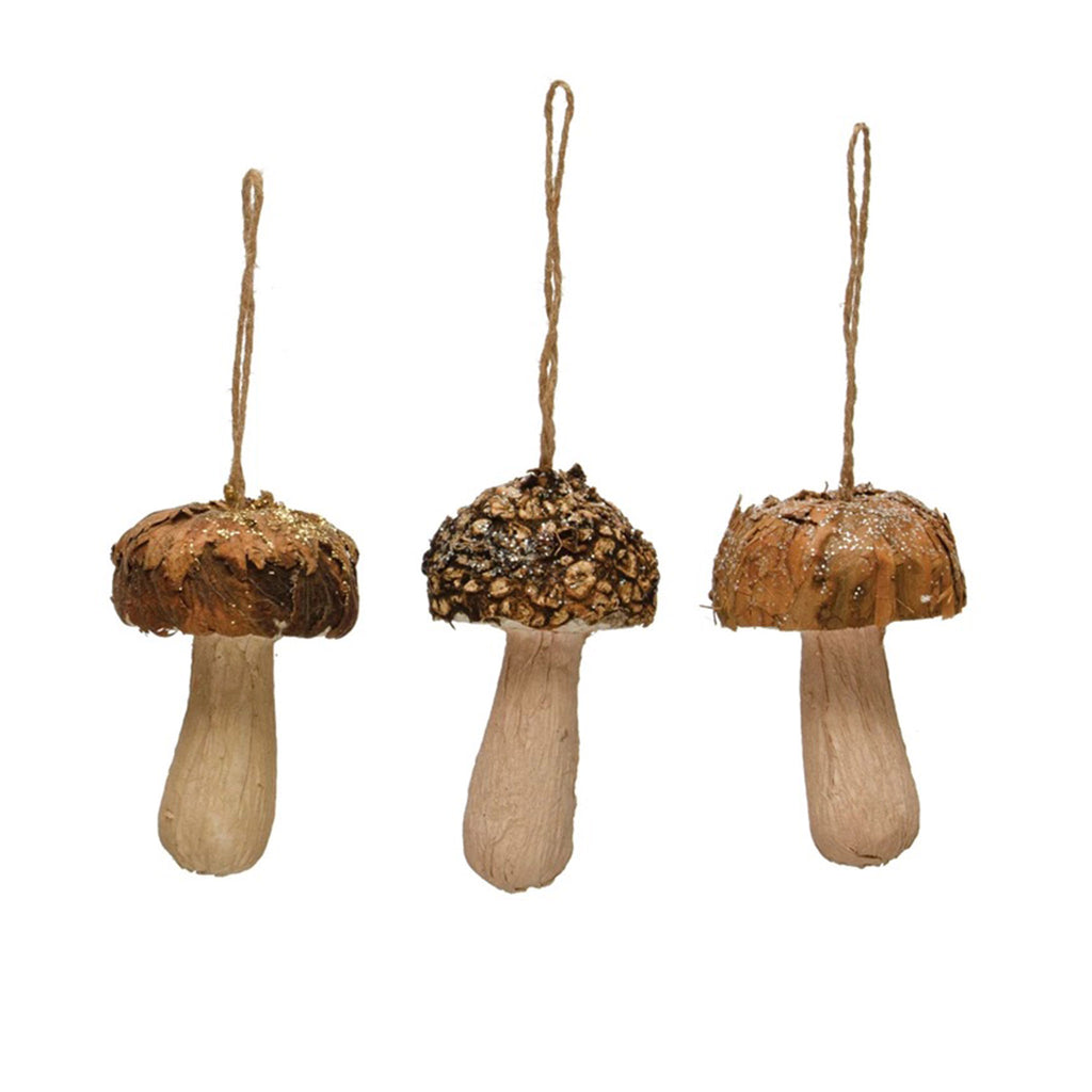 Creative Co-op wood bark, paper and foam mushroom holiday tree ornament with glitter in 3 styles.