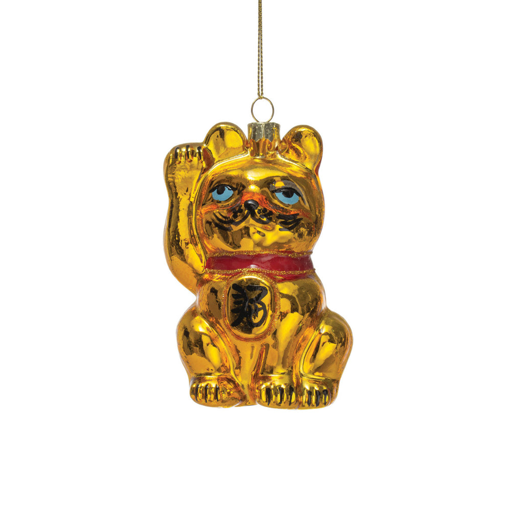 Creative Co-op Japanese lucky cat Maneki Neko  in gold finish glass holiday tree ornament, front view.