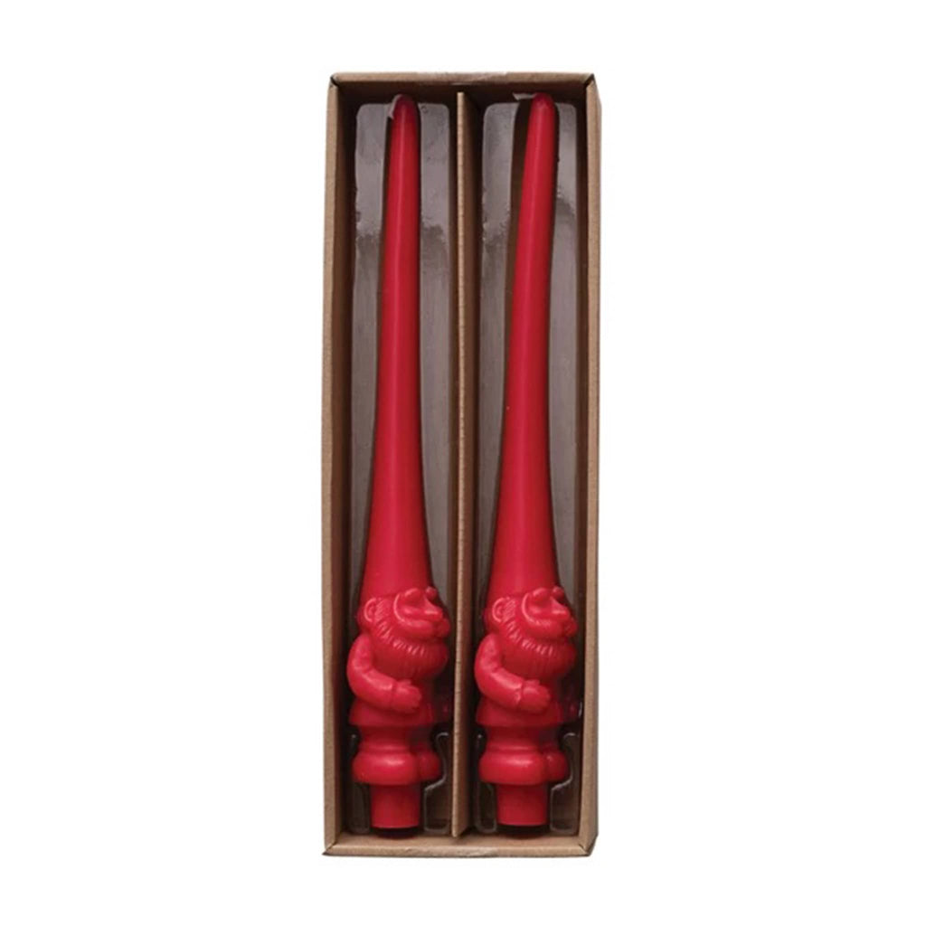 Creative Co-op unscented red gnome taper candles, set of 2 in box packaging.