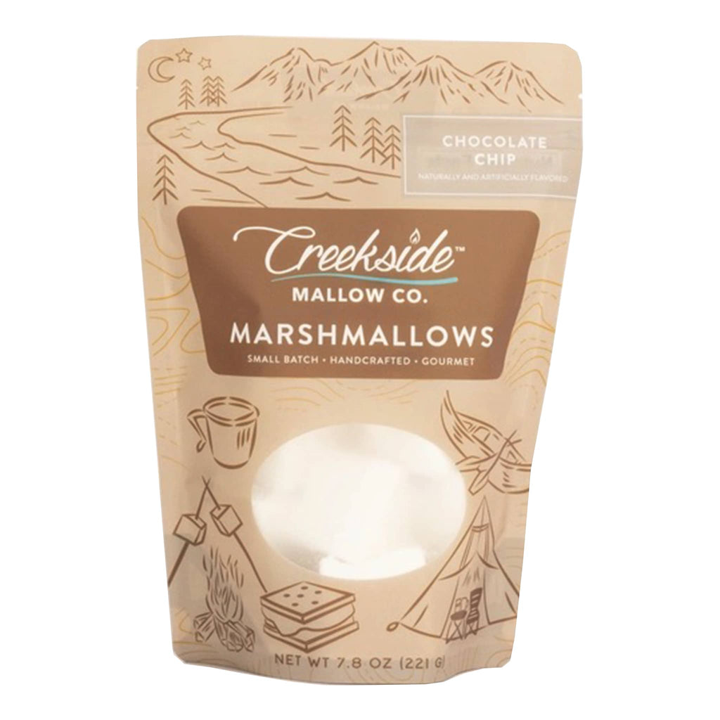 Creekside Mallow Co. Gourmet Vanilla Flavored Marshmallows with Chocolate Chips in resealable pouch packaging.