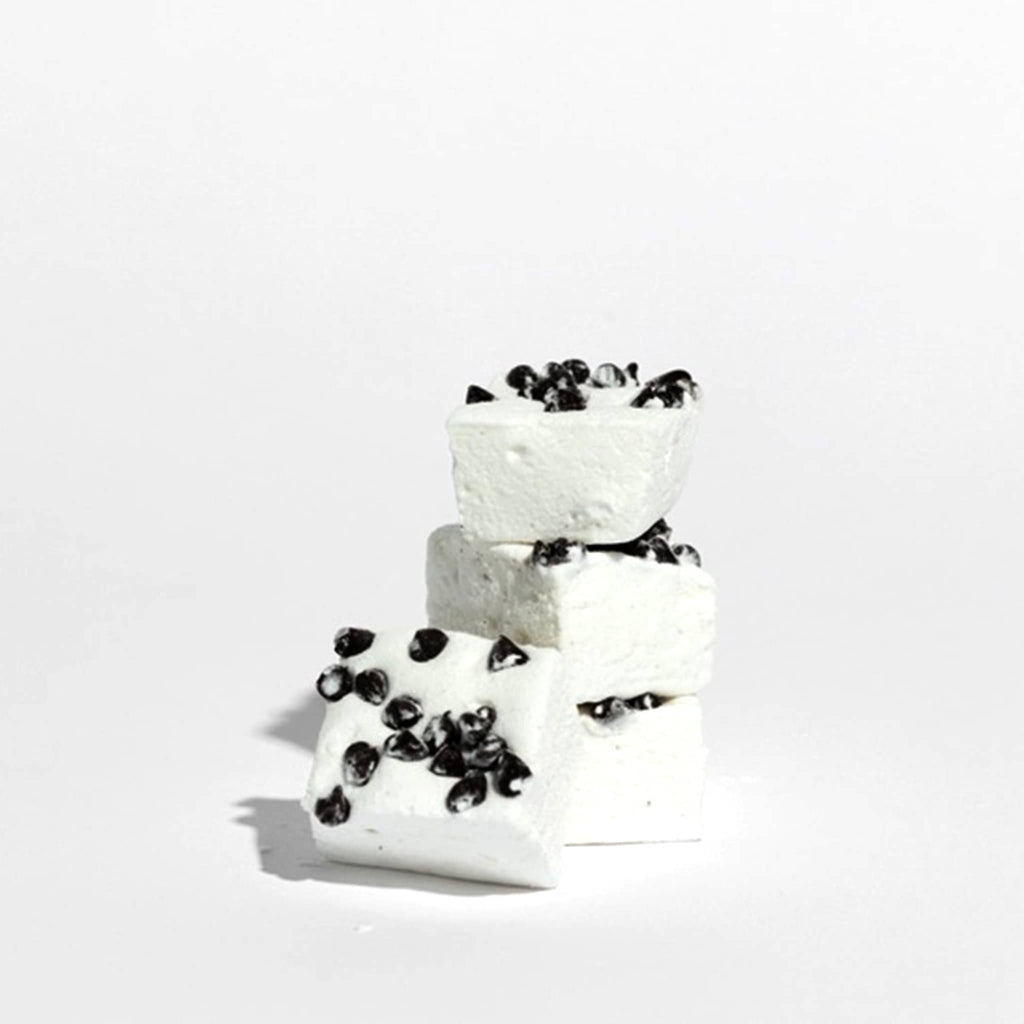 Creekside Mallow Co. Gourmet Vanilla Flavored Marshmallows with Chocolate Chips stacked to see detail.