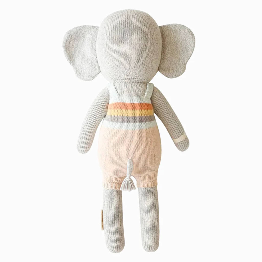 Cuddle and Kind Little Evan the Elephant hand knit doll, back view.