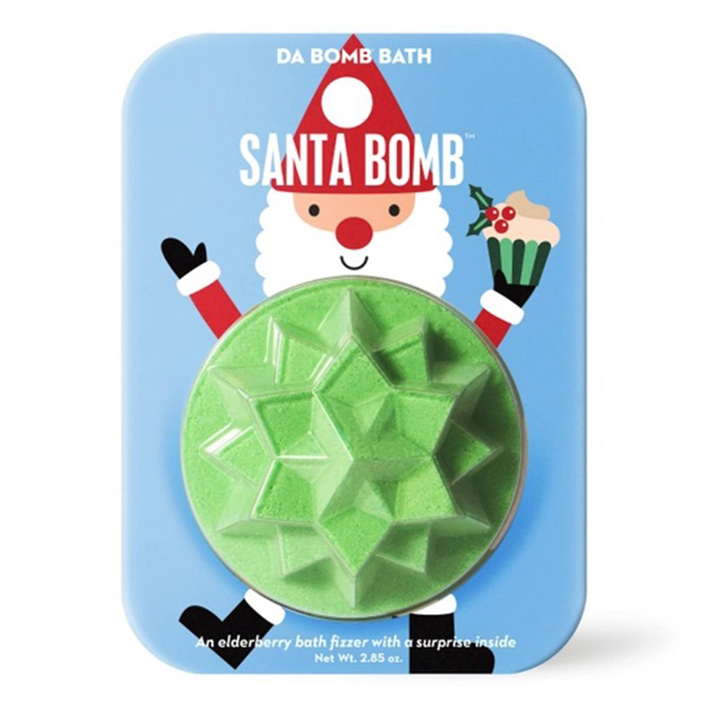 Santa Bomb green star-shaped bath fizzer on a blue card, on a white background.