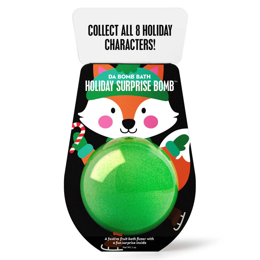 Da Bomb fruit scented fox holiday surprise green bath bomb fizzer in packaging, front view.